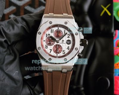 Copy Audemars Piguet Royal Oak Offshore White Chronograph Dial Brown Rubber